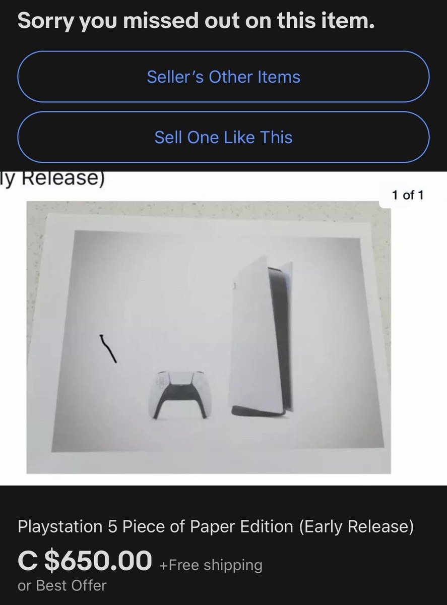 TheMike_71's tweet photo. Al parecer alguien en Ebay pago $650 por una foto impresa de una PS5.
Al menos combina con la edición física de GTA VI no? https://t.co/mYlVyvACTN