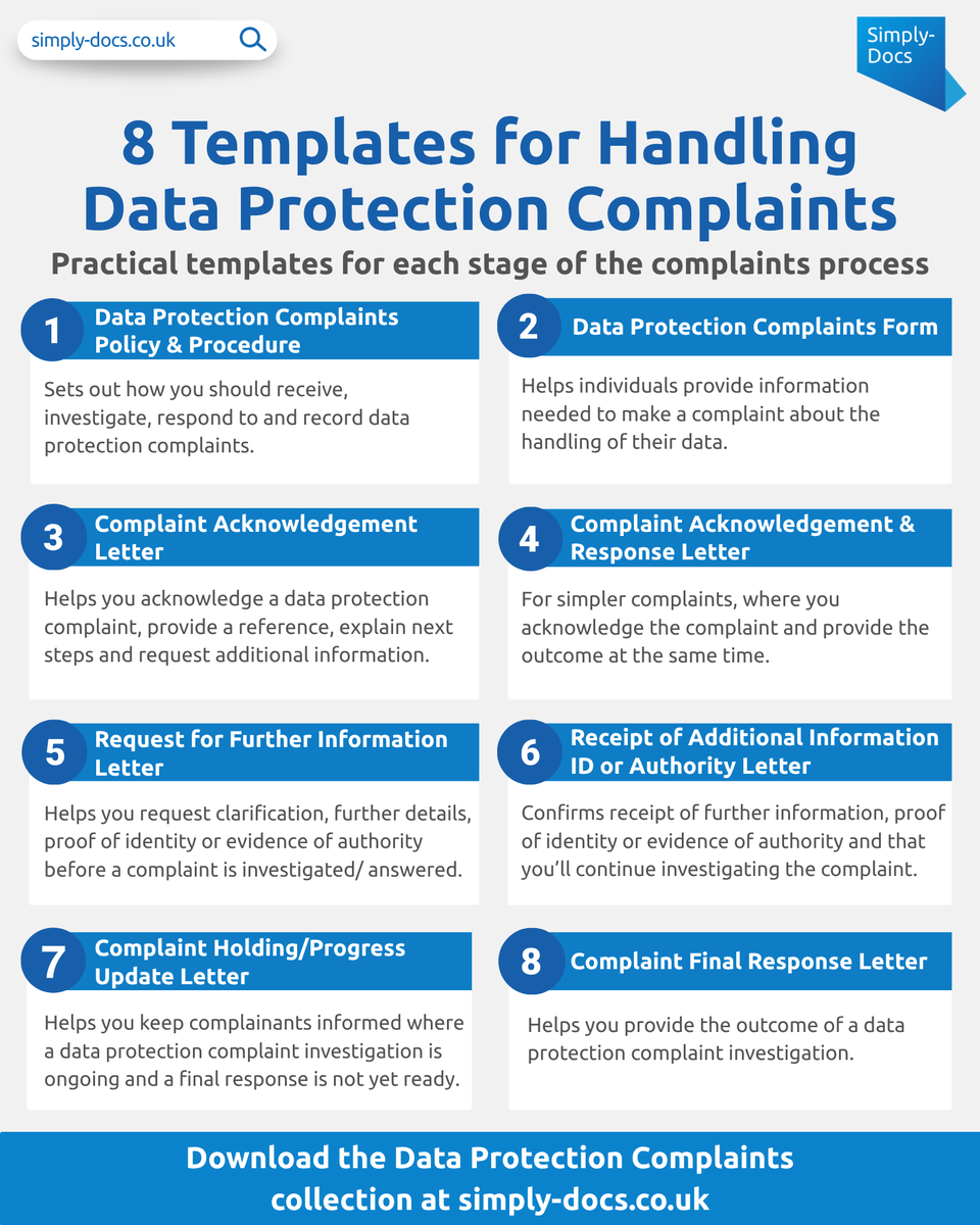 Simply_Docs's tweet photo. Our new Data Protection Complaints templates help to:

🔹 Provide clear routes for individuals to raise data protection complaints
🔹 Acknowledge complaints and explain next steps
🔹 Investigate complaints consistently
🔹 Provide clear outcomes and any remedial action ⬇️ https://t.co/jVe1UrnyPs