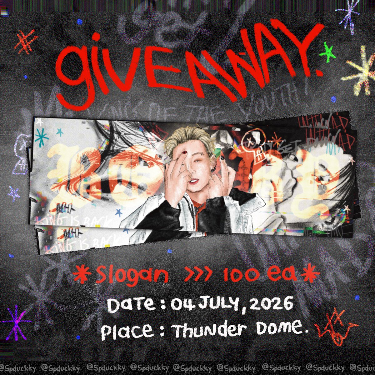 Spduckky's tweet photo. * pls, rt 

giveaway 💀, ★ ★☆
BOBBY slogan ver , 2 𓈒

location : thunder dome 
date : 04 july , 2026
time : tba

#iKON_FOUREVER_TOUR
#iKON_FOUREVER_TOUR_BKK https://t.co/Fl3Q7YdnLD