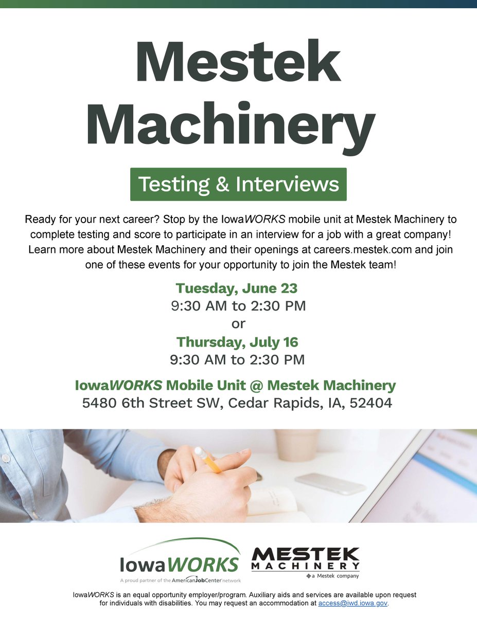 MestekMachinery's tweet photo. Looking for your next career opportunity?
Upcoming interview: Thursday, July 16 | 9:30 AM - 2:30 PM Learn more: https://t.co/f4I0pFkA7f
#NowHiring #ManufacturingJobs #CedarRapidsJobs #CareerOpportunity #MestekMachinery #IowaWORKS https://t.co/c5SAY0ADRb