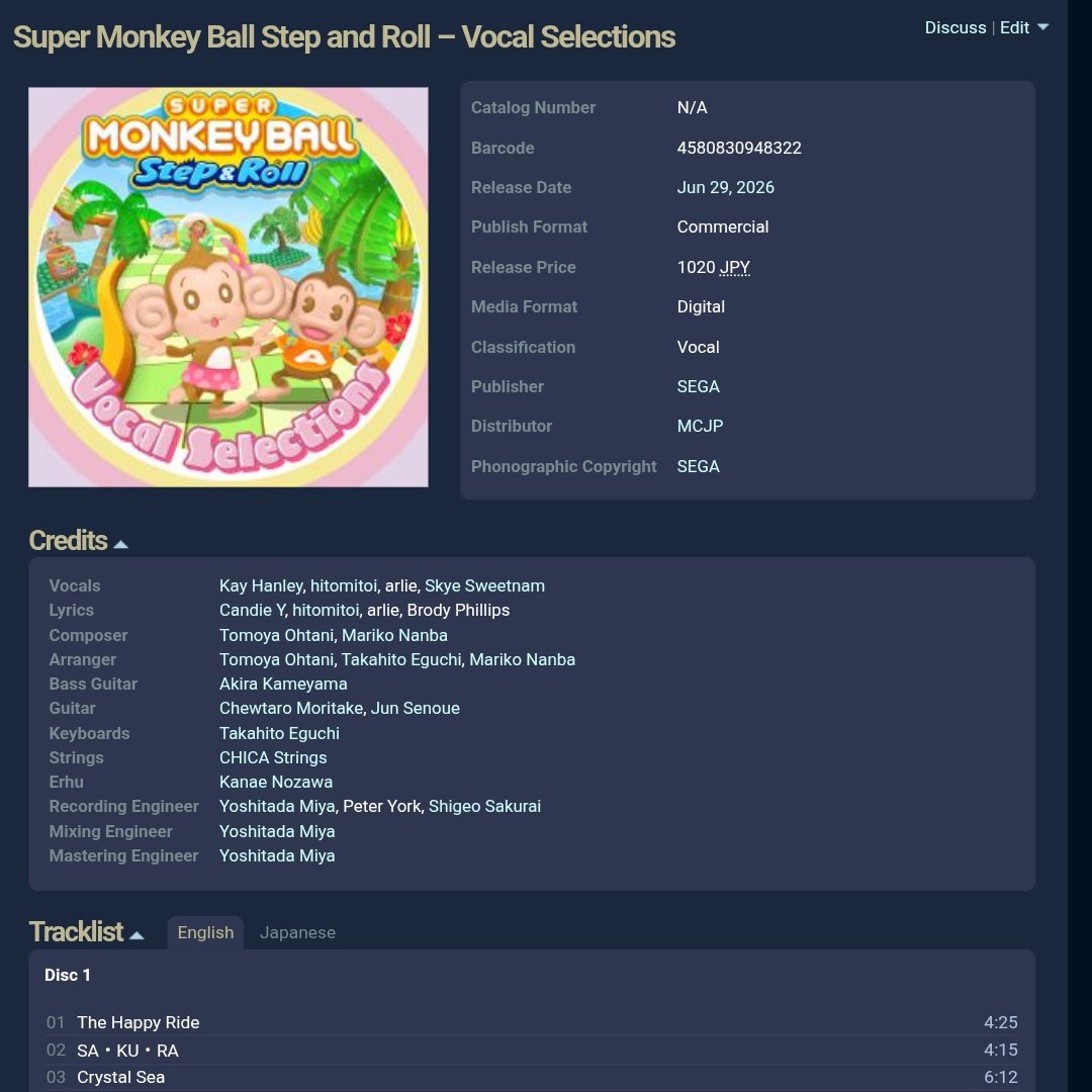 MonkeyBallTweet's tweet photo. SEGA just released a new official album of remastered Super Monkey Ball Step &amp; Roll vocal tracks??? https://t.co/9LOaisiPP8