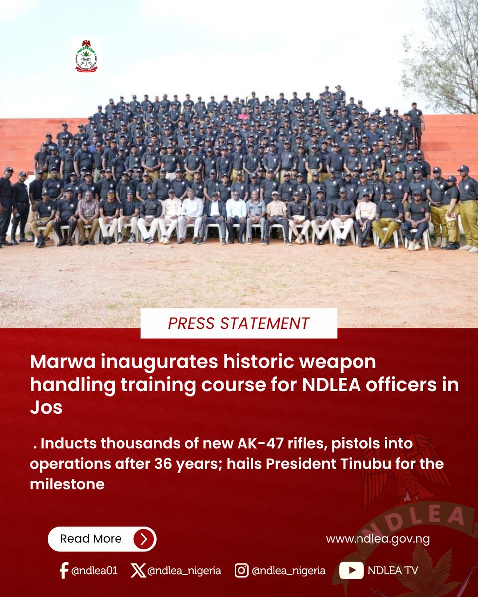 ndlea_nigeria's tweet photo. Marwa inaugurates historic weapon handling training course for NDLEA officers in Jos

- Inducts thousands of new AK-47 rifles, pistols into operations after 36 years; hails President Tinubu for the milestone

Read more at:
https://t.co/AUAGg47qiD https://t.co/yWJYpq2k9v