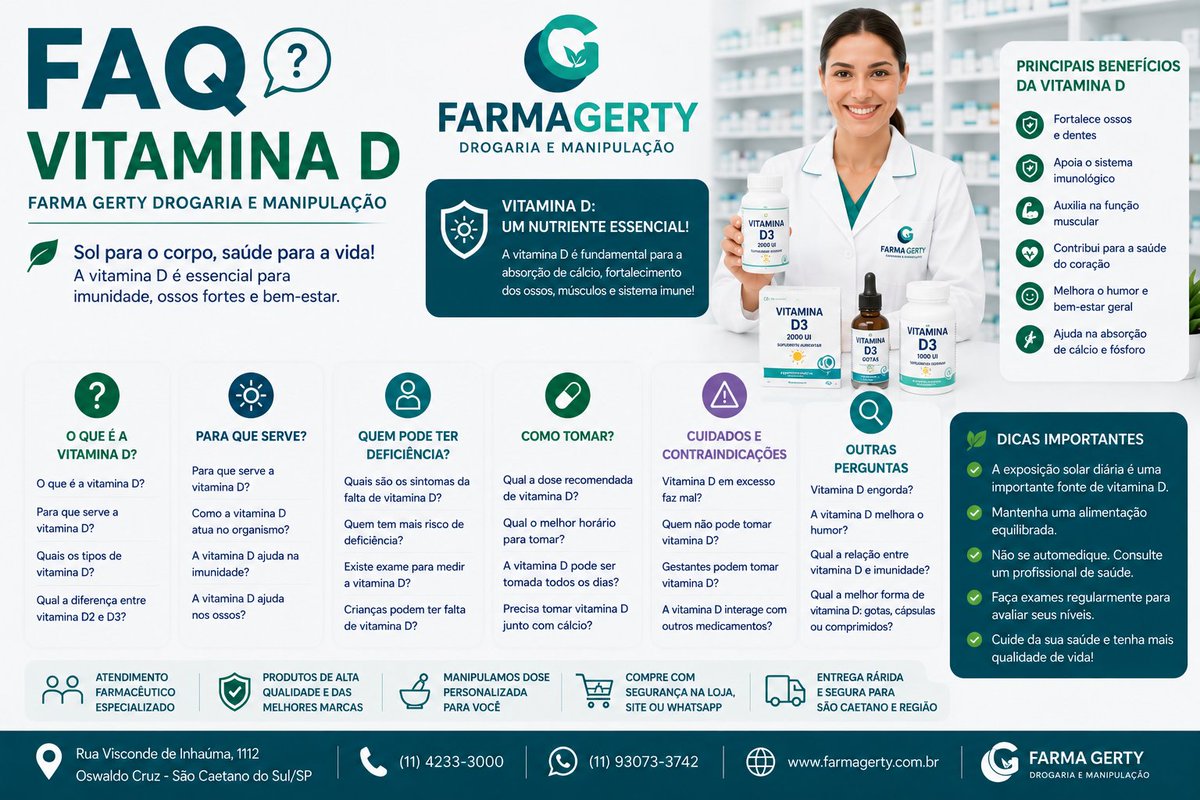 farmagerty's tweet photo. FAQ – Vitamina D | Farma Gerty Drogaria e Manipulação

A vitamina D é um nutriente essencial para o funcionamento do organismo. Sua principal função é auxiliar na absorção de cálcio, contribuindo para a manutenção de ossos e dentes saudáveis.
https://t.co/mBFDllIKZp
#farmagerty https://t.co/w1ICdXw48w