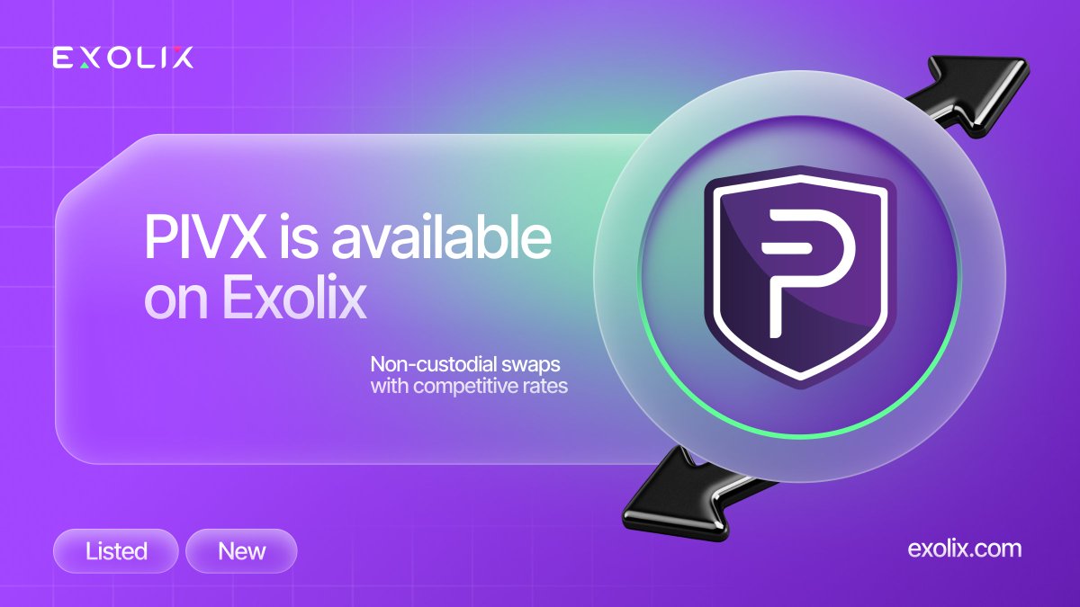 exolix_com's tweet photo. Swap $PIVX across chains with Exolix ⚡️

@_PIVX is a privacy-focused cryptocurrency powered by Proof of Stake, designed for secure, decentralized payments and community governance.

Get started: https://t.co/PnfrXulNwe https://t.co/fynIOh9uKc