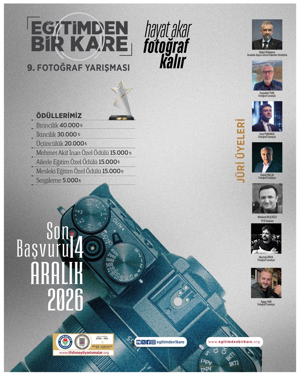 EgitimBirSen's tweet photo. “Eğitimden Bir Kare” Ulusal Fotoğraf Yarışmamıza Başvurular Başladı

Eğitim süreçlerinin ardındaki emeği ve fedakarlığı sanatın estetik gücüyle görünür kılmak amacıyla bu yıl dokuzuncusunu düzenlediğimiz Eğitimden Bir Kare Ulusal Fotoğraf Yarışmamız için başvurular başladı.

Bu yılki yarışmamızın seçici kurulunda Anadolu Ajansı Görsel Haberler Direktörü Aykut Ünlüpınar, TFSF Başkanı Mehmet Kılıçoğlu, Fotoğraf sanatçıları Feyzullah Tunç, Fırat Yurdakul, Hamit Yalçın, Mustafa Binol ve Ragıp Sarı yer alacak.

Yarışmada birincilik, ikincilik, üçüncülük ve Mehmet Akif İnan Özel Ödülü’nün yanı sıra Ailede Eğitim Özel Ödülü ve Mesleki Eğitim Özel Ödülü takdim edilecek.

Başvurular, 14 Aralık 2026 tarihine kadar devam edecek.

Detaylı bilgi ve başvuru için:
https://t.co/Og5xoM1LVb

Haberi okumak için: https://t.co/UIRe8gTtE8