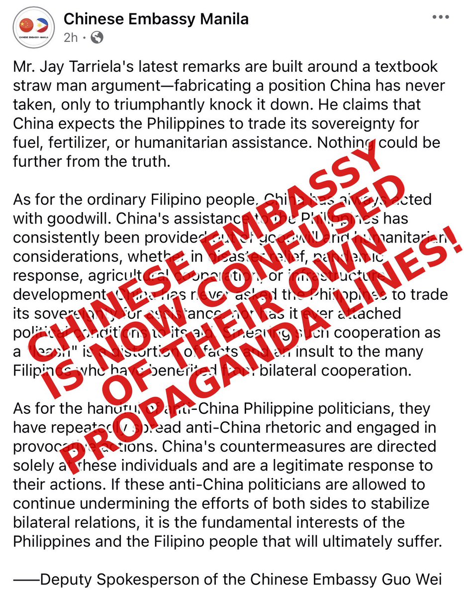 jaytaryela's tweet photo. Mr. Guo Wei accuses me of inventing a position China never took—that Beijing ties its aid to our sovereignty. Then he contradicts himself!

At the beginning of his post: China has “never attached political conditions to its aid.” In the latter part: if Filipino officials keep defending our waters, “the fundamental interests of the Philippines and the Filipino people will ultimately suffer.”

That is the condition, stated plainly.

Because of his inconsistencies and China’s own lies, he is now getting confused with their own script—one approved at the level of his Ambassador, who hides behind a nice-guy pretense while engaging different people in our country.

The Chinese government must remember that aid and sovereignty are separate matters. Genuine help is welcome, but it will never be currency for our rights. Sanction whom you wish—but as Secretary Gibo said, “Hindi kami pasisiil!”