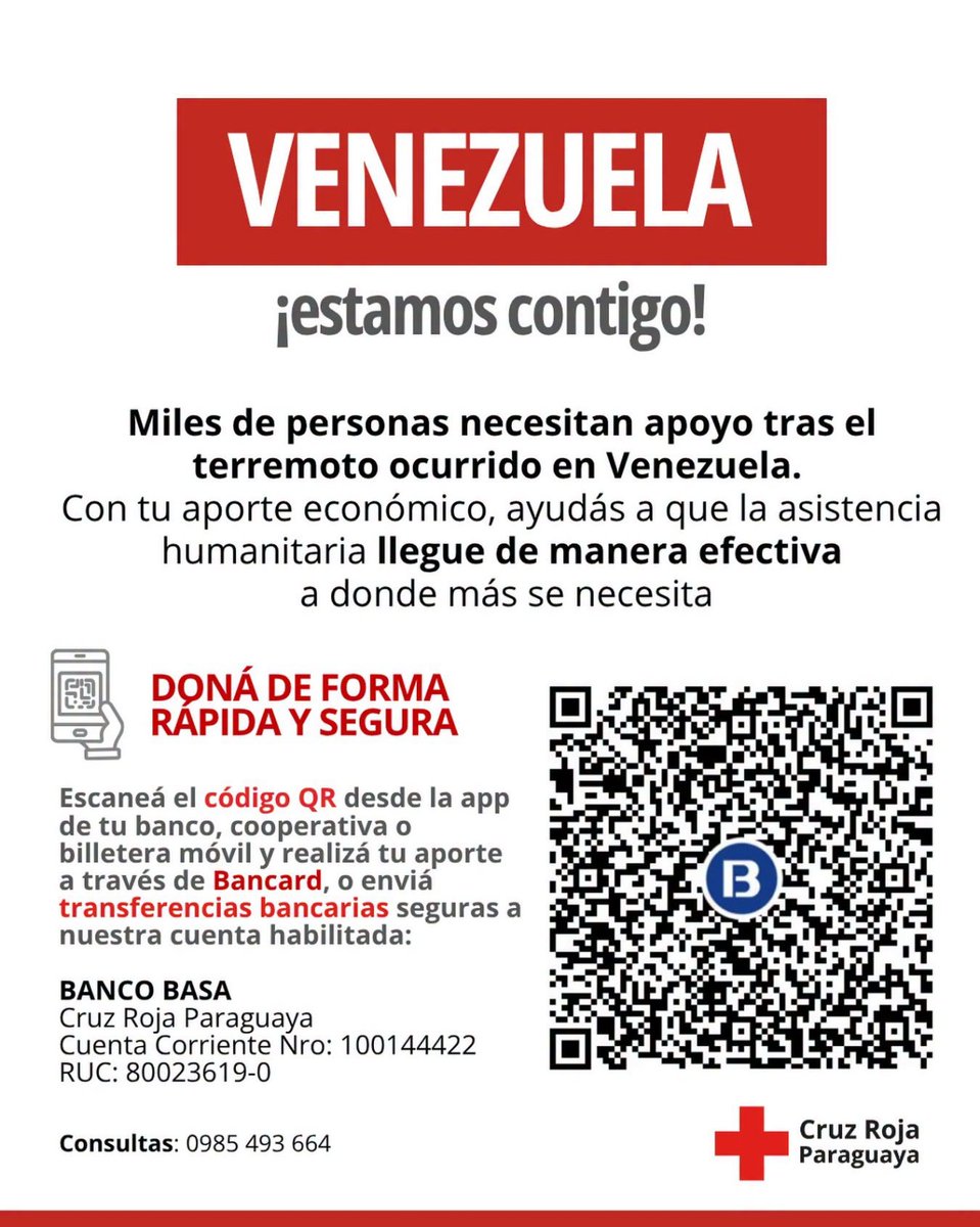 esperanza_py's tweet photo. Comparto la información de la Cruz Roja Paraguaya para colaborar con donaciones y consultar por familiares con quienes se haya perdido contacto.

La gravedad de esta tragedia exige canales humanitarios, consulares y diplomáticos que faciliten ayuda, información y trámites urgentes para los migrantes venezolanos en nuestro país, así como para los connacionales que pudieran encontrarse en Venezuela.

Expreso nuevamente mi solidaridad con el pueblo venezolano ante el dolor causado por esta enorme tragedia. Acompaño a las familias de las víctimas, personas heridas, desaparecidas y desplazadas, así como a quienes están haciendo lo imposible en las labores de búsqueda y asistencia.

La historia de los pueblos de Latinoamérica es también una historia de solidaridad y hermandad. Esta no debe ser la excepción.

https://t.co/HMX07sUDYk