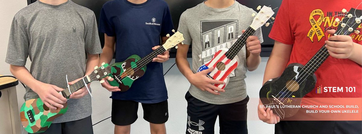 STEM101's tweet photo. Learning about sound is one thing. Building an instrument that creates it is another.
Students at St. Paul’s Lutheran Church and School explored the physics of vibration and resonance, learned how sound travels, and discovered how engineering plays a role in instrument design and manufacturing.

The unique designs were a fun reflection of each student's creativity but the real achievement was the STEM knowledge they built along the way.
And yes, they got to bring their finished ukuleles home!

Learn more: https://t.co/oHdN471tWu

#STEM101 #UkeleleKit #stemkids #stemlearning #stemactivities