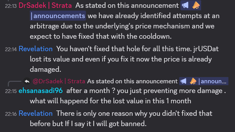 40kRevelation's tweet photo. Strata @strata_markets got exploited and lost $jrUSDat depositors money. 

Today the price of $STRC ran in one leg from $74–75 up to $80+. Saturn’s $sUSDat went up as well.

But Strata’s 3x-leveraged version of this asset, $jrUSDat - which was supposed to deliver ~3x gains on that move -dumped instead.

All because of a flaw in their strategy that was exploited once again. As I see it, a whale made a huge deposit into this market right before the $jrUSDat price/NAV was updated. This deposit artificially increased the market cap (and coverage) of the junior tranche, making withdrawals instant instead of subject to the usual 14-day cooldown. 
Right after the price updated (from $0.185 to $0.252), the whale withdrew everything - and the price of $jrUSDat crashed back to $0.172. And everyone else lost the gains from todays STRC movement. 

This flaw has existed in the design since the beginning, and the team has done nothing to fix it. My conclusion is that Strata has kept this vulnerability in place to exploit its users.

You were warned.