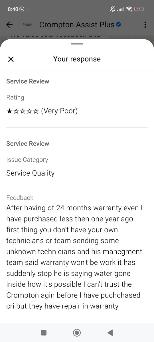 mohammedhyd84's tweet photo. @Crompton_India @jagograhakjago @nickcromp @IndiaConsumers When in warranty period they won't solve problem this company won't have it's own service center or technicians to solve they send some unknown person they said it's won't solve in warranty and charged ₹1500 https://t.co/rlGDXbpCRs
