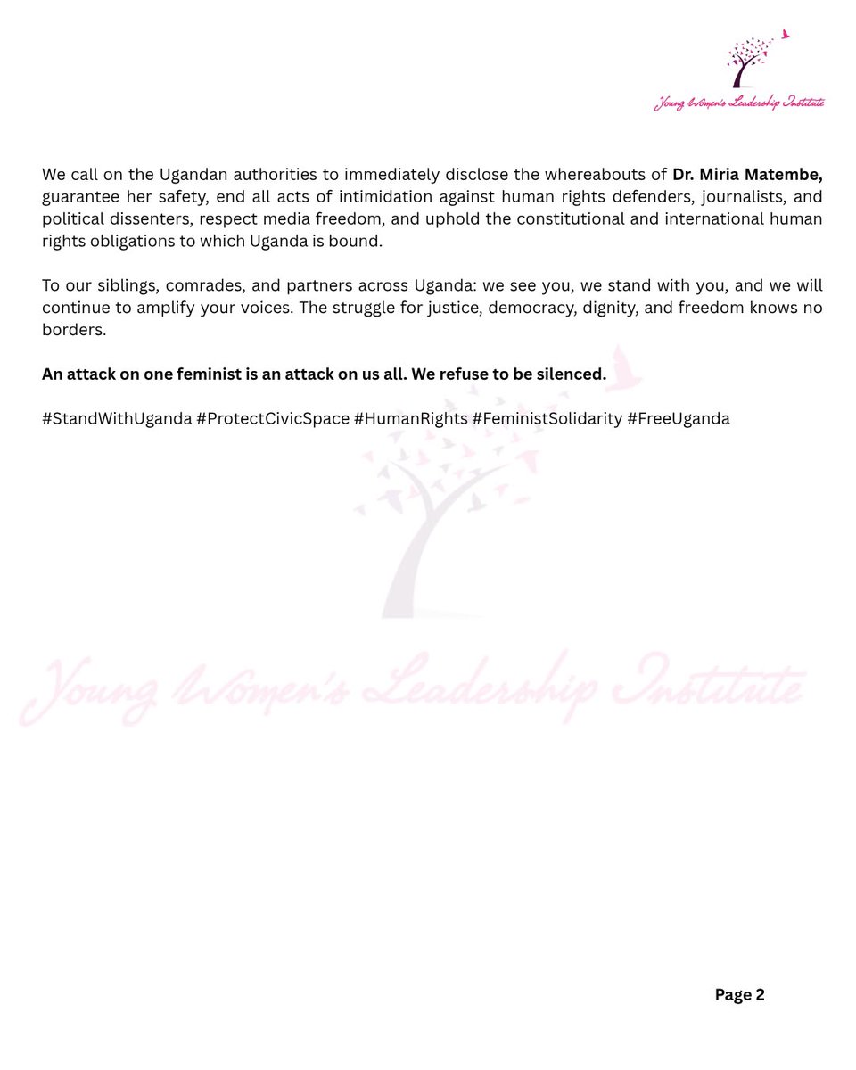 ywli_info's tweet photo. We refuse to be silent.
YWLI stands in unwavering solidarity with the people of Uganda and all those facing intimidation, arbitrary arrests, enforced disappearances, and attacks on civic space.
#StandWithUganda #ProtectCivicSpace #FeministSolidarity #Fight4HumanRights https://t.co/v7RhXOGrDp