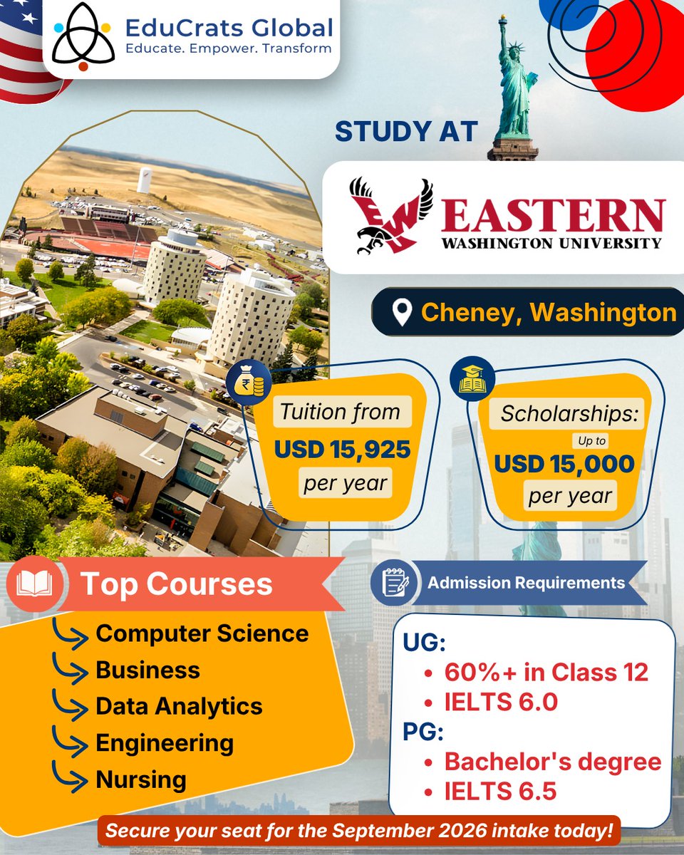 educratsglobal's tweet photo. 🎓 Study at Eastern Washington University, USA 🇺🇸 and gain a globally recognized degree with excellent career opportunities!

📩 Apply now with EduCrats Global and begin your USA study journey!
.
.
.
.

#EasternWashingtonUniversity #StudyInUSA #StudyAbroad #USA2026 #Scholarships https://t.co/UWrP4I1iMK