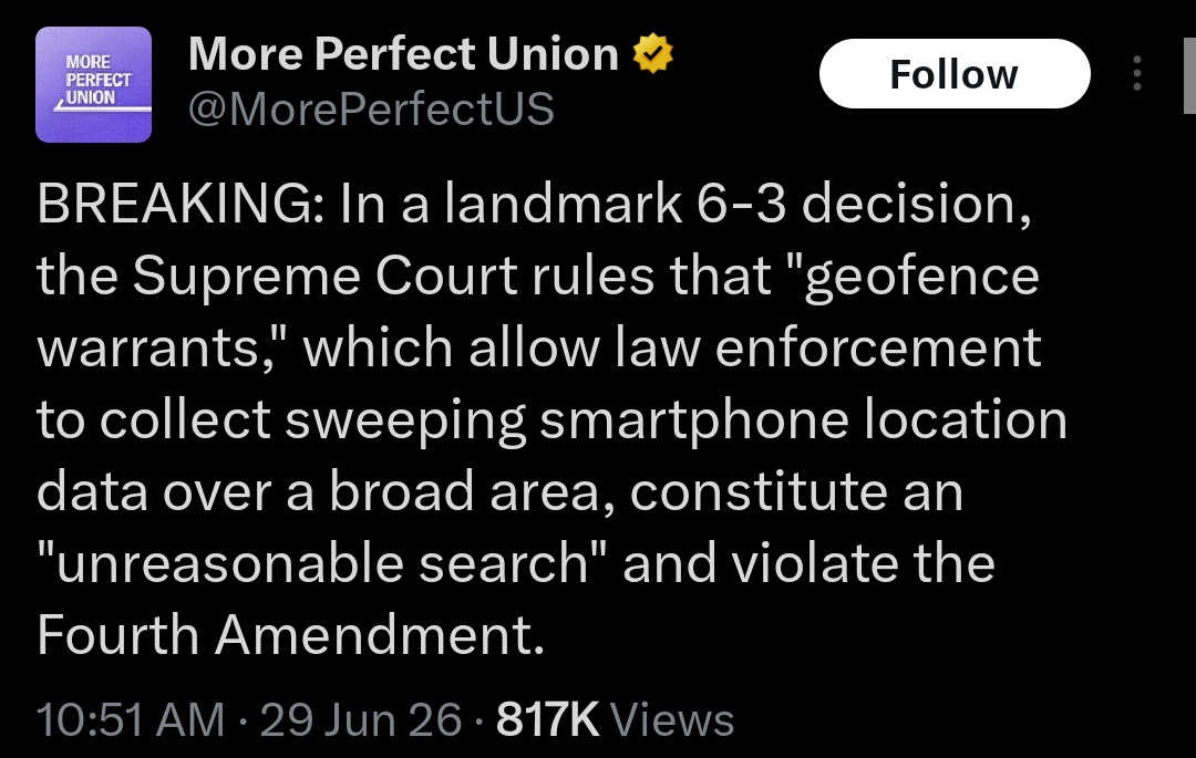 WeWillBeFree24's tweet photo. SCOTUS ruled that geofencing is a Fourth Amendment violation. 

Flock cameras are no different. There are current cases being heard in the lower courts. The argument is "no reasonable expectation of privacy." 

If they apply the Mosaic Theory to interpret the Fourth Amendment, it treats prolonged government surveillance as more intrusive than all the individual parts. (big brother)

Mosaic in the simplest definition, is when different surveillance (IE like mass flock cameras and AI surveillance) create a comprehensive picture of someone's life (daily living) habits and routines. Duration, nature of data, and tech capabilities.

This geofencing ruling should set a precedent on flock and ai, which will almost certainly reach SCOTUS. Justice Alito already had set a similar precedent on warrantless GPS tracking.