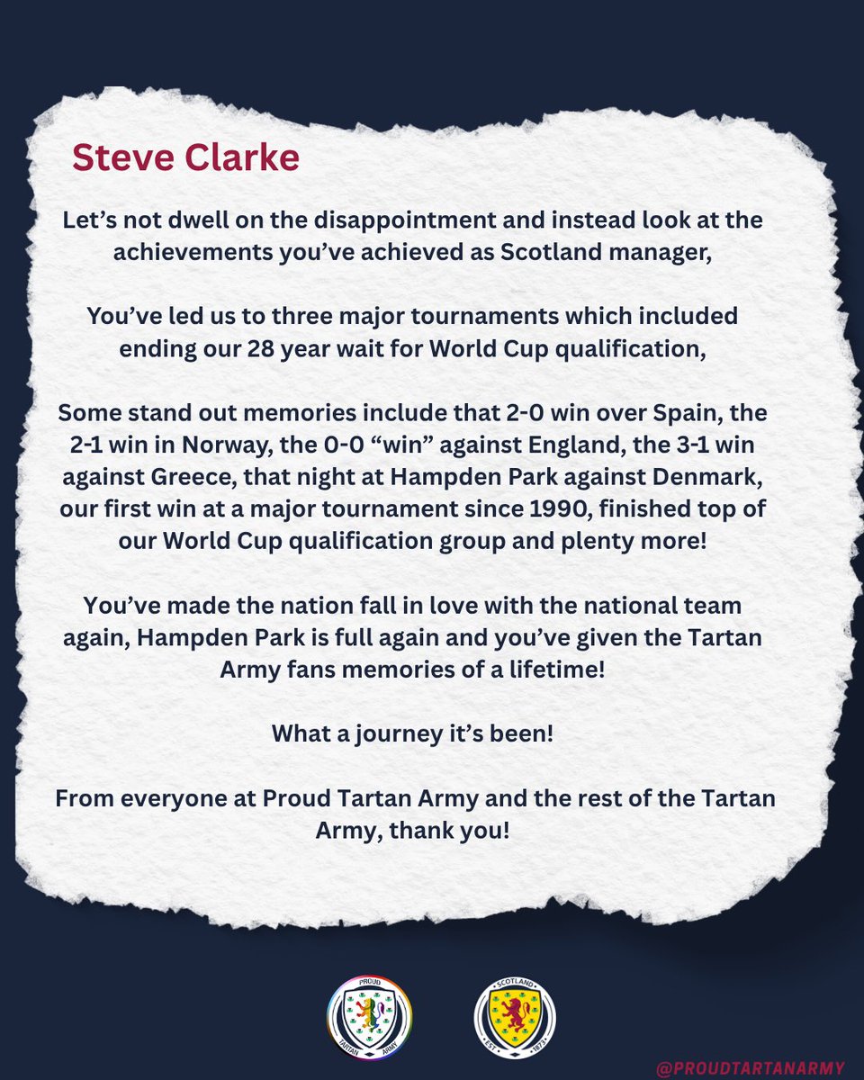 ProudTartanArmy's tweet photo. 𝗧𝗵𝗮𝗻𝗸 𝘆𝗼𝘂, 𝗦𝘁𝗲𝘃𝗲 𝗖𝗹𝗮𝗿𝗸𝗲 🤝🏴󠁧󠁢󠁳󠁣󠁴󠁿 https://t.co/dZWIOu801y