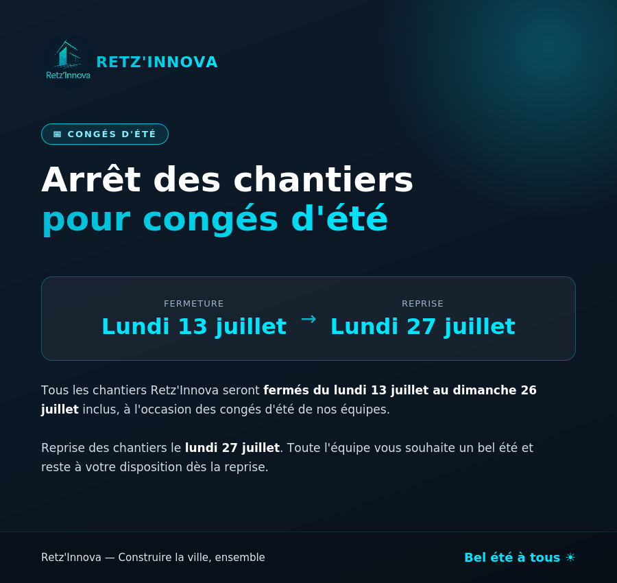 RetzInnova's tweet photo. #RetzInnova Le market place et les chantier sont arrêtés pour deux semaines. Nos équipes profitent du soleil, et vous ? 🕶️⛱️ https://t.co/Q0LYoEF8HR