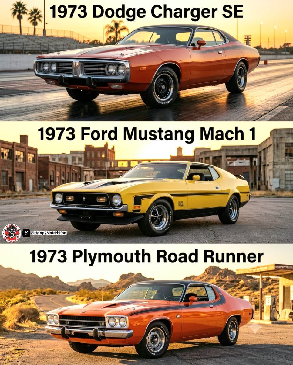 HappyMotorhead's tweet photo. Top, Middle, or Bottom?
'73 Charger SE (big-block beast), Mach 1 (screamin' yellow terror), or Road Runner (Hemi hunter)?
Pick your poison!
#TopMiddleBottom #73Muscle #DodgeCharger #MustangMach1 #PlymouthRoadRunner https://t.co/pZTOl26dLr