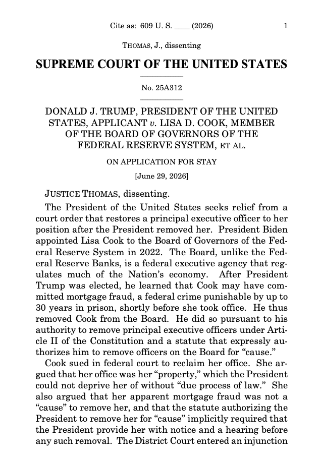 bhweingarten's tweet photo. Justice Thomas, as you'd expect, is BASED on The Fed. Was half-expecting a "The Creature from Jekyll Island" reference in his tour de force of a dissent in Trump v. Cook. https://t.co/YW0gG8Hhnd