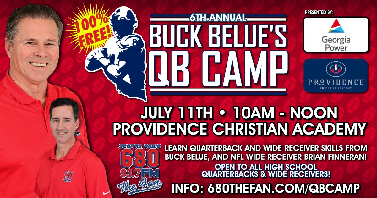 OfficialGHSA's tweet photo. Attention QBs & Receivers -- 6th Annual Buck Belue Quarterback Camp  is set for July 11th from 10AM to Noon at #ProvidenceChristianAcademy in Lilburn! REGISTRATION IS 100% FREE AND OPEN! @680TheFan welcomes GAs best elite young quarterbacks to hone their skills alongside former pro and college football hall of famers! @buckbelue8 @BFinn86 https://t.co/lnwiL77ToO
