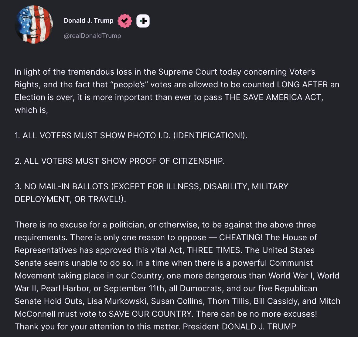 ginamilan_'s tweet photo. 🚨Trump tells the Senate to get The SAVE America Act passed after SCOTUS ruling. https://t.co/iqsgcUYSCI