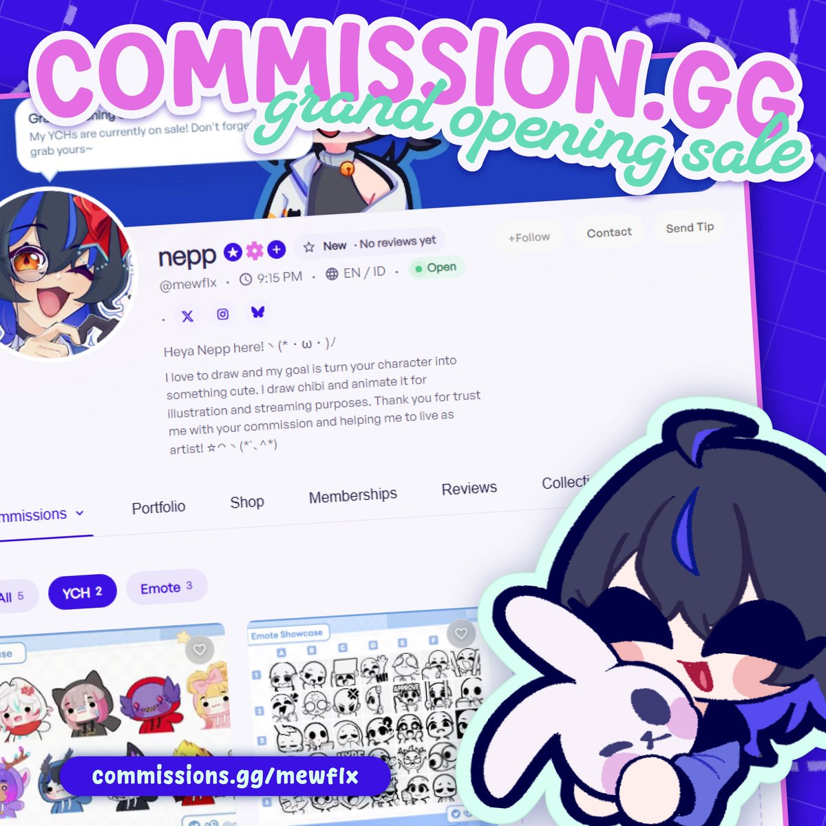 mewflx's tweet photo. ✨ @commissions_gg Grand Opening Sale ✨

I’m officially verified on Commissions gg ! To celebrate, I’m offering up to 50% OFF on all of my YCHs!

Don’t miss the chance to grab yours while the sale is available. Thank you so much for your support <3

#CommsGGCreator https://t.co/VEKR5kzmpr