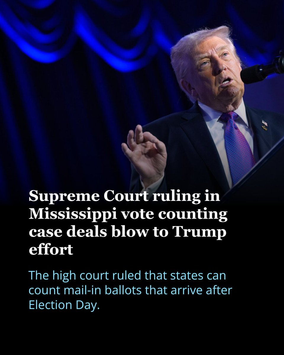 MSTODAYnews's tweet photo. The U.S. Supreme Court on Monday upheld a Mississippi law in a ruling that will allow around more than a dozen states to count mail-in ballots that arrive after Election Day. https://t.co/ZUmmMz1osa https://t.co/GaIKqxxWaU