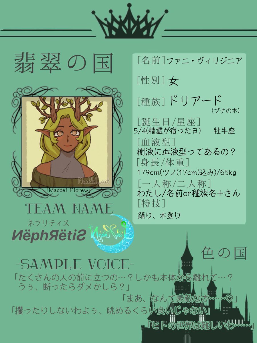 fuzimi_fantasy's tweet photo. #色の国CS
翡翠の国、ИëphЯëtiƧのファニ・ヴィリジニアです🌳
ストーカー予備軍なｱｶﾁｬﾝをよろしくお願いします👶叱られたらぺしょぺしょにしょぼくれます👶
(ミスがあったので上げ直しです……！) https://t.co/aWzU4rvGHl