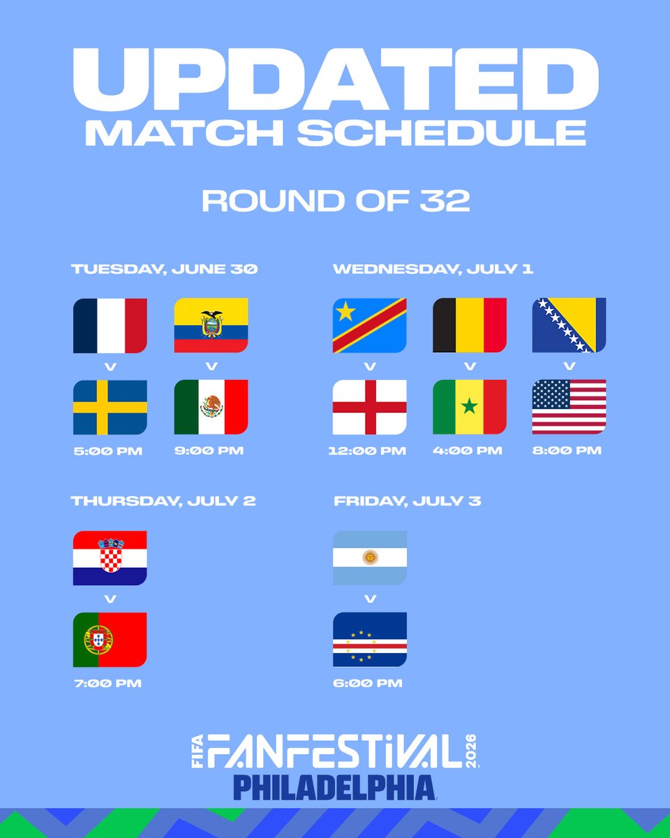 FWC26Philly's tweet photo. #FIFAFanFestival has an updated match schedule Tuesday through Friday due to expected high heat. https://t.co/9UOkvZTgfC