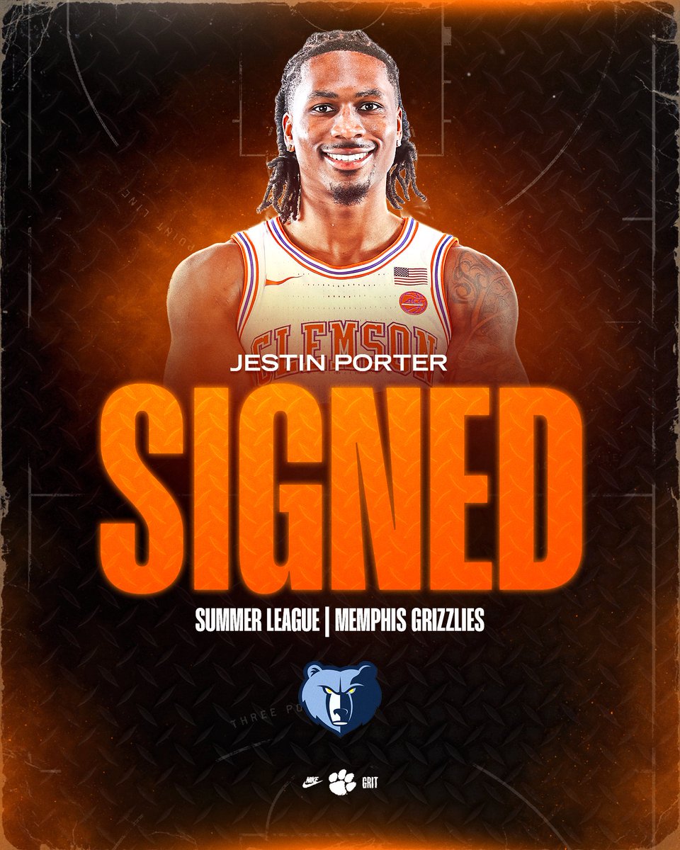 ClemsonMBB's tweet photo. Jestin Porter will play with the Memphis Grizzlies during 2026 NBA Summer League! https://t.co/fVN9xiRGWD