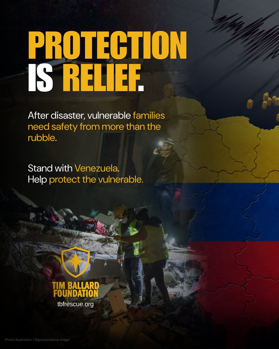 TBFRescue's tweet photo. Disaster does not end when the shaking stops.

After the earthquake in Venezuela, families need relief — but they also need protection.

When people are displaced, separated, and desperate for safety, traffickers can exploit the chaos.

That is why protection must move with relief.

Stand with Venezuela. Help protect the vulnerable.