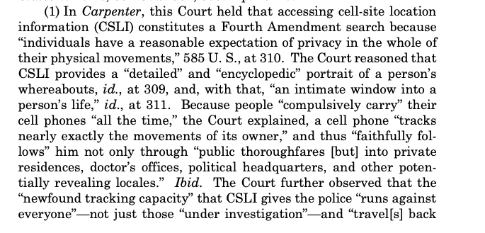 ByronTau's tweet photo. Extending a previous holding that found “individuals have a reasonable expectation of privacy in the whole of
their physical movements," this raises interesting questions for emerging new tracking technologies like license plate readers and commercially obtained location data. https://t.co/NDgfAm71kE