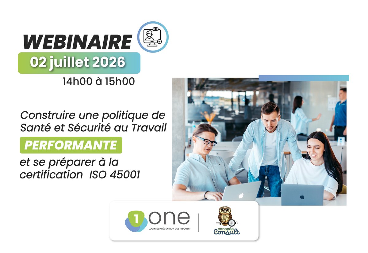 1_One_Software's tweet photo. Vous souhaitez structurer votre démarche Santé Sécurité au Travail et préparer votre certification ISO 45001 ?

Inscrivez-vous ici : https://t.co/n1BqYaglD7

Participez à notre webinaire et découvrez une approche concrète combinant expertise en prévention et outils numériques. https://t.co/31s82Q879F