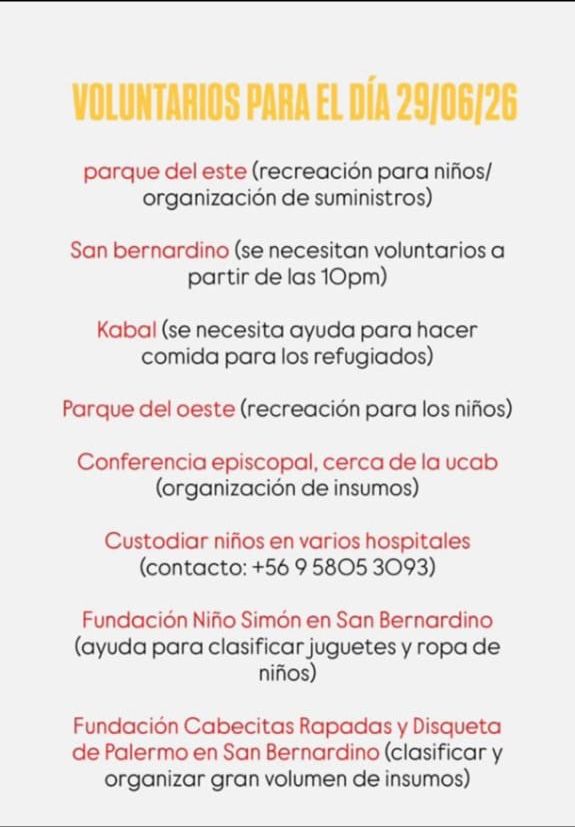 ENTRAconsulting's tweet photo. VOLUNTARIOS PARA EL DÍA 29/06/26
- Parque del este
- San bernardino
- Kabal
- Parque del oeste
- Conferencia episcopal, cerca de la ucab
- Custodiar niños en varios hospitales
- Fundación Niño Simón en San Bernardino
- Fundación Cabecitas Rapadas y Disqueta de Palermo https://t.co/RUjLO2Rrck