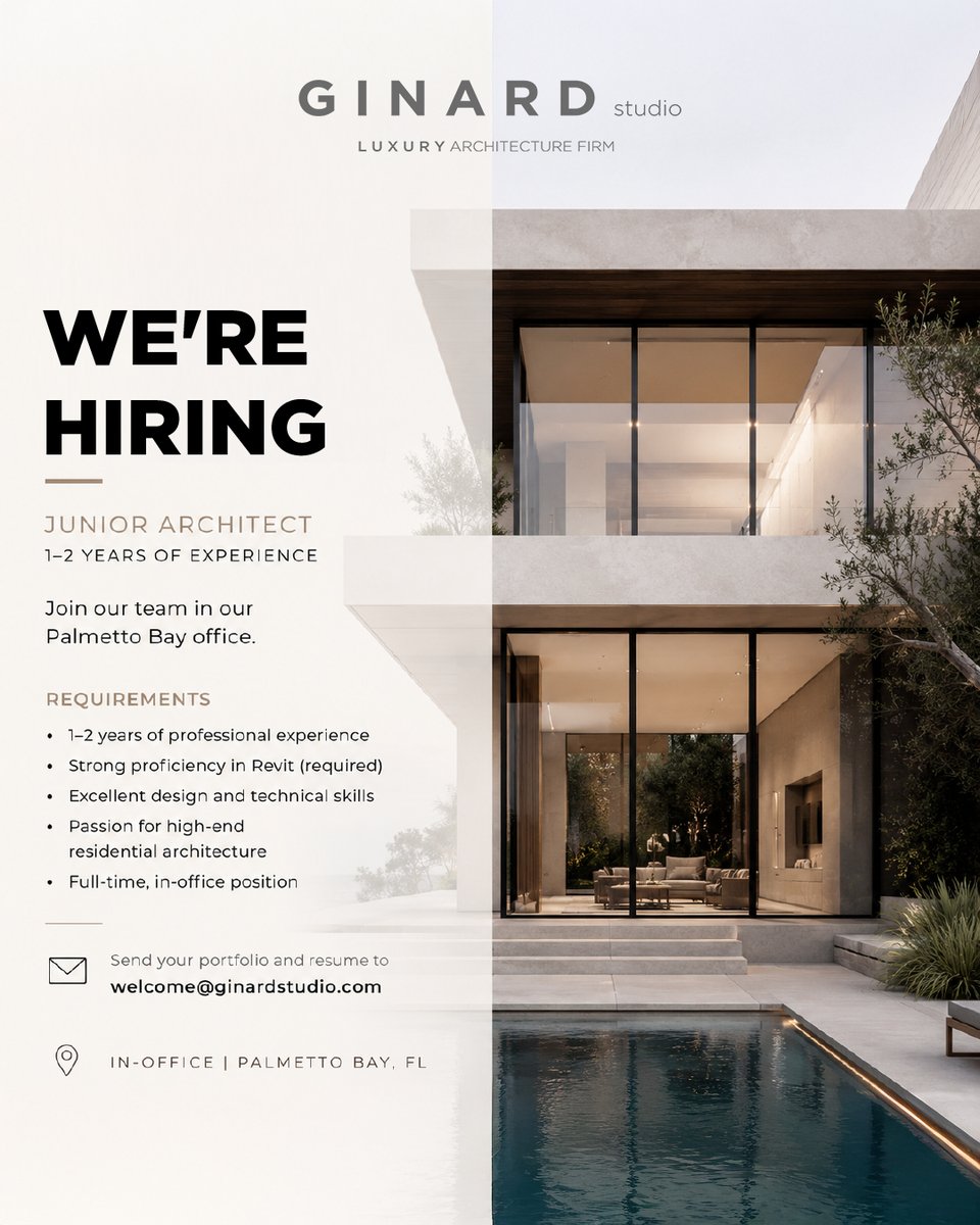 GinardStudio's tweet photo. We're Hiring | Junior Architect

Ginard Studio is growing and we're looking for a Junior Architect (1–2 years of experience) to join our team in our Palmetto Bay office.

Requirements:

• 1–2 years of professional experience
• Strong proficiency in Revit (required)
• Excellent design and technical skills
• Passion for high-end residential architecture
• Full-time, in-office position
📩 Send your portfolio and resume to welcome@ginardstudio.com

#Hiring #JuniorArchitect #Revit #ArchitectureJobs #MiamiArchitect #PalmettoBay #GinardStudio #ArchitectureCareers #ArchitectLife #architect #architecture