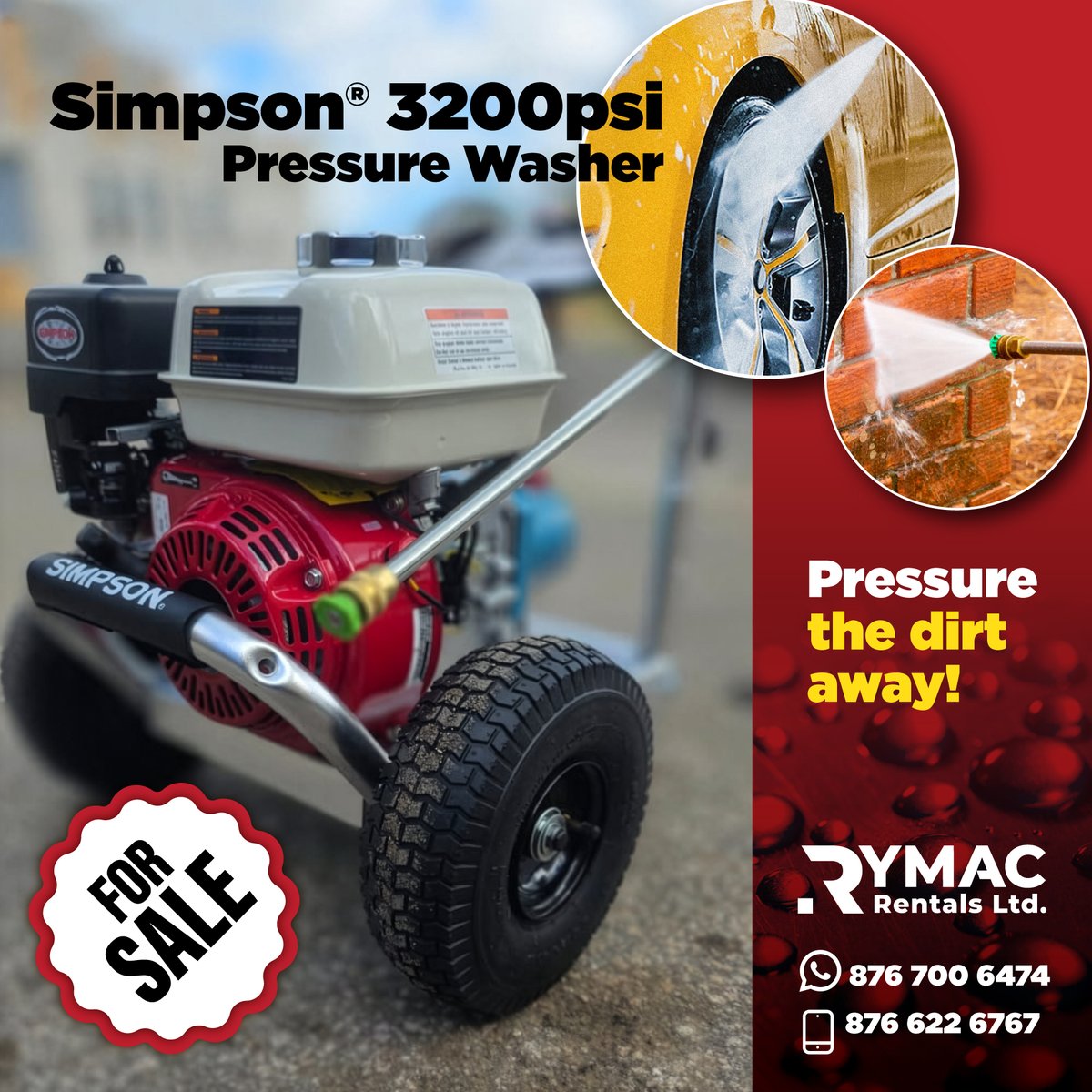 RymacRentals's tweet photo. Rymac has just the thing for cleaning all kinds of dirty, grimy surfaces, from washing cars to scouring mold from walls and driveways – The Simpson 3200psi Pressure Washer. Come in and buy yours today! https://t.co/sdQvlM1Grl