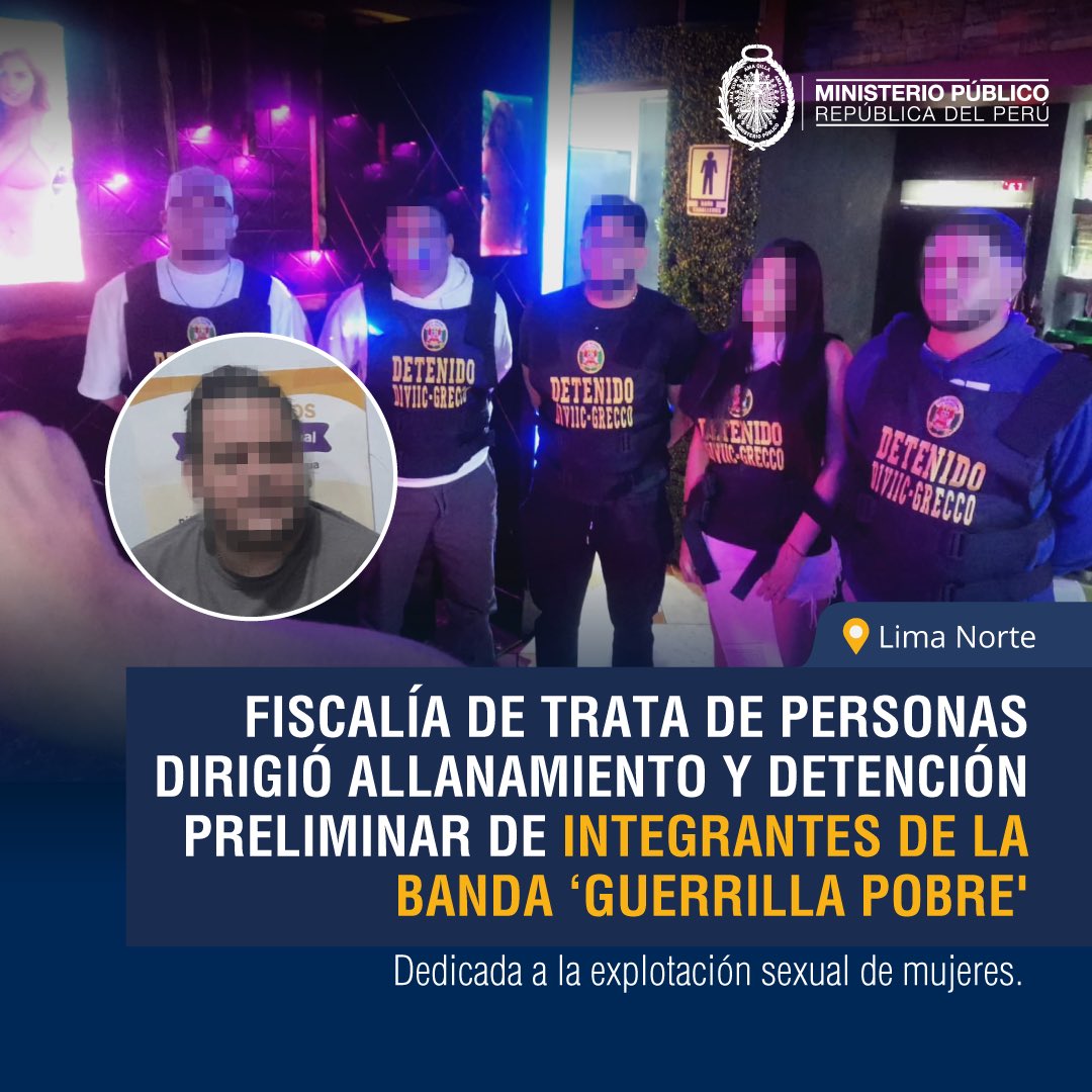 FiscaliaPeru's tweet photo. 🚨 #AcciónFiscal | La Fiscalía Especializada en Delitos de Trata de Personas de Lima Norte dirigió un operativo de allanamiento y detención preliminar contra 13 presuntos integrantes de la banda criminal ‘Guerrilla Pobre’, investigada por la presunta explotación sexual de mujeres en el distrito de Independencia.

▶️ Durante la intervención se allanaron 10 inmuebles y se incautaron equipos electrónicos y otros elementos de interés para la investigación. Los investigados permanecerán detenidos preliminarmente por siete días, por disposición judicial.

🗞️https://t.co/XMSqSLRXE8