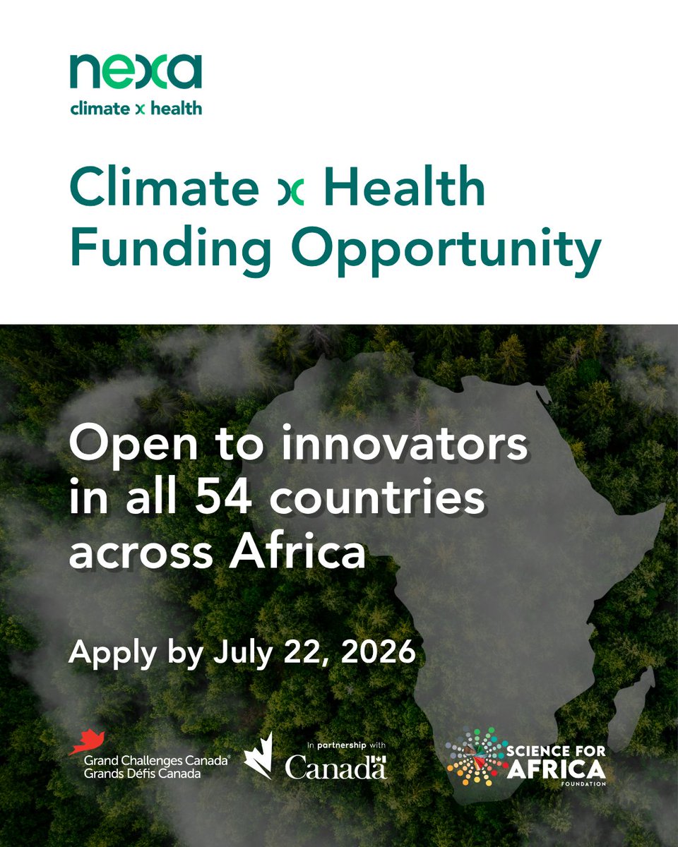 gchallenges's tweet photo. #FundingOpportunity: We are investing in bold ideas across #Africa that strengthen #health systems to better anticipate, respond to, and act on climate-driven health threats.  Learn more: https://t.co/o5YbMGfHYb #ClimatexHealth #RFP #Innovation @CanadaDev @SciforAfrica https://t.co/JrrciZC2Av