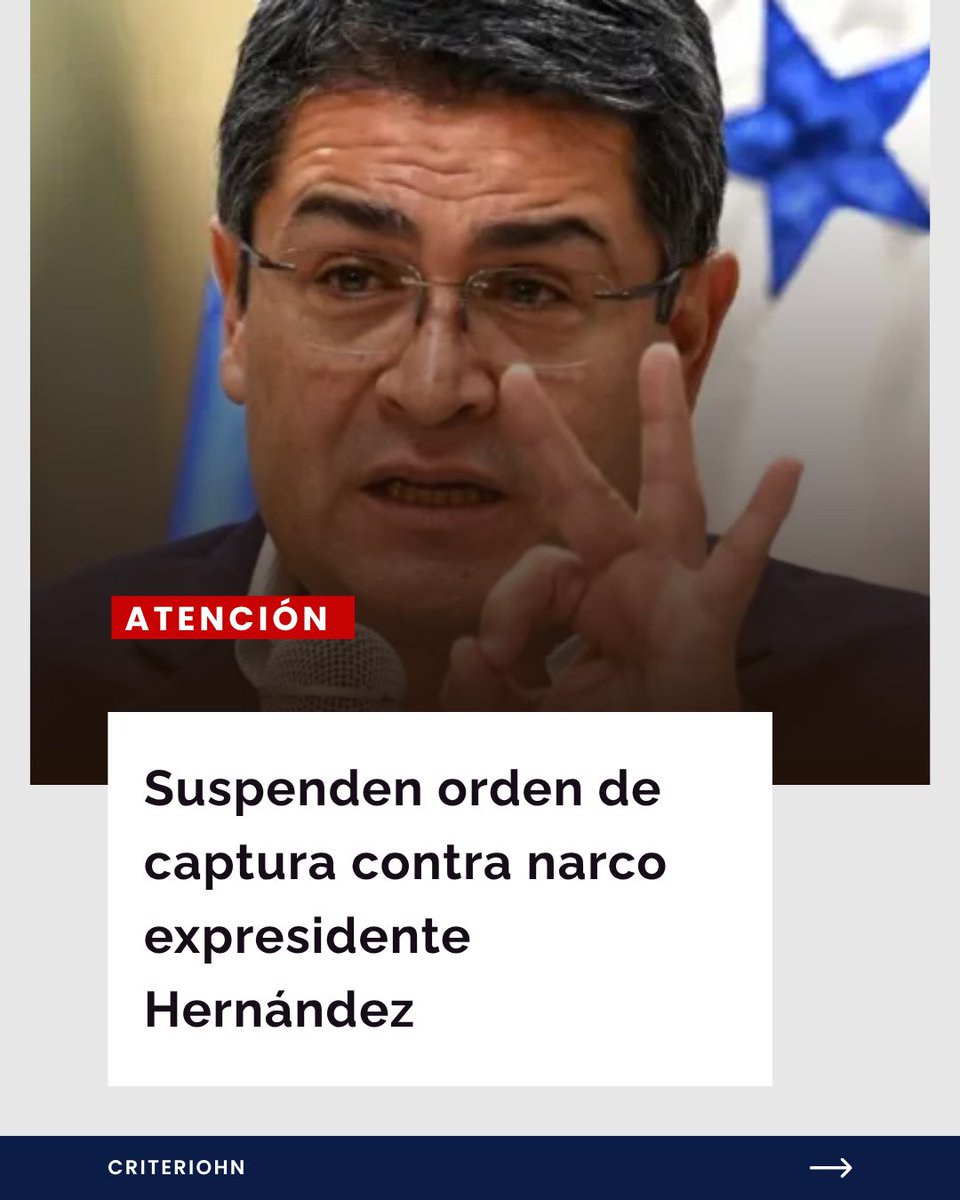 criteriohn's tweet photo. 🚨⚠️ #ATENCIÓN ~ Poder Judicial suspendió la orden de captura contra el narcoexpresidente Juan Orlando Hernández, acusado de fraude y lavado de activos en el caso Pandora II.

Hernández fue indultado por el presidente de Estados Unidos, Donald Trump, en diciembre del año pasado. Ahora anuncia su regreso luego de ser condenado por delitos de narcotráfico, afirmando que no tiene aspiraciones políticas.