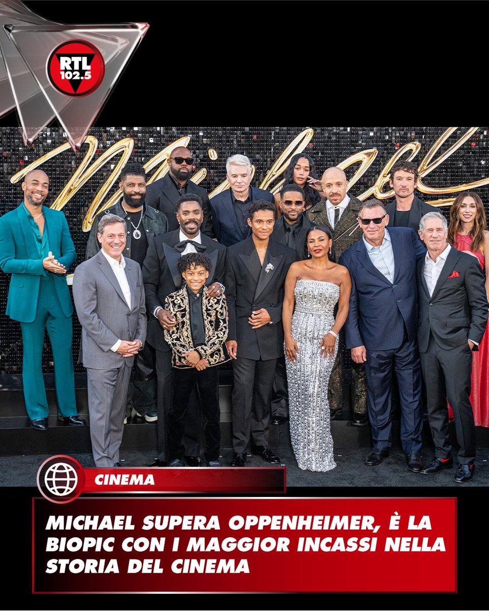 rtl1025's tweet photo. 🎦  'Michael' da record. Il film biografico sul re del pop ha superato i 977 milioni di dollari nel mondo, diventando così la biopic con i maggior incassi nella storia del cinema. Ha battuto il precedente primato di 'Oppenheimer', film che narra la vita del fisico J. Robert Oppenheimer con 975 milioni di dollari, mentre al terzo posto con 911 milioni c'è 'Bohemian Rhapsody', pellicola sulla vita di Freddie Mercury e l'ascesa dei Queen.

Michael, diretto da Antoine Fuqua, è uscito nel 2026 distribuito da Lionsgate negli Stati Uniti e Universal nei mercati internazionali, solo nella prima settimana ha incassato 97 milioni in Usa e 217 milioni nel mondo.

La pellicola, la cui sceneggiatura è stata scritta da John Logan, ripercorre l'ascesa del cantautore e ballerino Michael Jackson, interpretato da suo nipote Jaafar Jackson. Si concentra su momenti chiave della sua vita, come gli esordi con i Jackson 5, il complesso rapporto con il padre durante l'infanzia, fino al raggiungimento della fama mondiale come solista, concludendosi all'apice del successo con il Bad World Tour

📷 ANSA