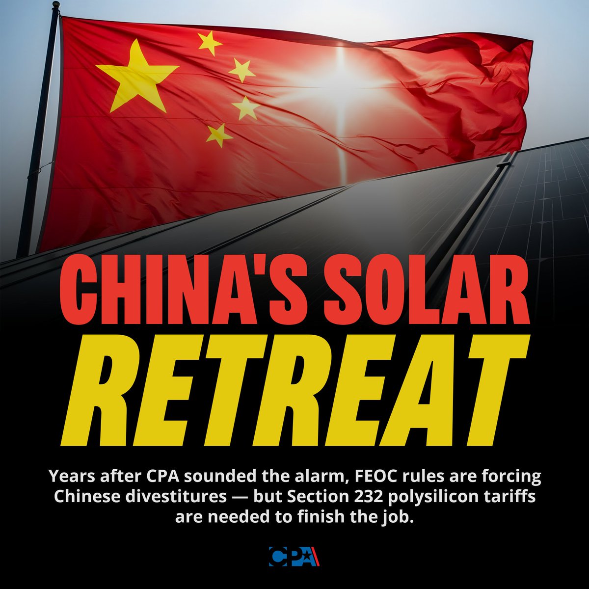 cpa_tradereform's tweet photo. Years ago, CPA warned that China was using American clean-energy tax credits to capture our solar industry, and we led the fight to slam that door shut. 

Today, that door is closing. Chinese firms are divesting their U.S. factories at fire-sale prices, and American investors are acquiring the plants, the technology, and the know-how. This is exactly what FEOC was built to do.

https://t.co/uTZaC6bVZe