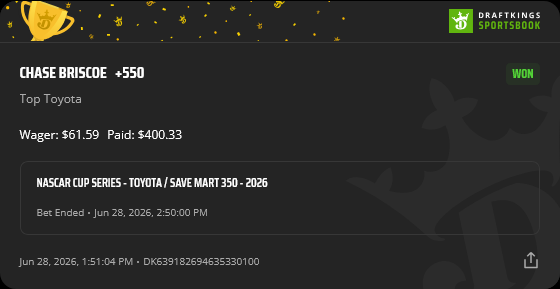acramos11's tweet photo. Well it was close but no cigar with the outrights in the Sonoma cup race, with Larson coming up few spots short. But still scored a nice hit on Chase Briscoe top toyota at some juicy odds. This combined with the Parker Retzlaff top 5 finish has me pumped for Chicago lets go! 😎 https://t.co/uqfC6IWkFL
