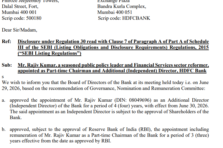 VarunDubey85's tweet photo. #HDFCBank
Board approves appointment of Mr. Rajiv Kumar as a Part-time Chairman of the Bank for a period of 3 (three) years effective from the date as approved by RBI. https://t.co/lpyeMifp8M