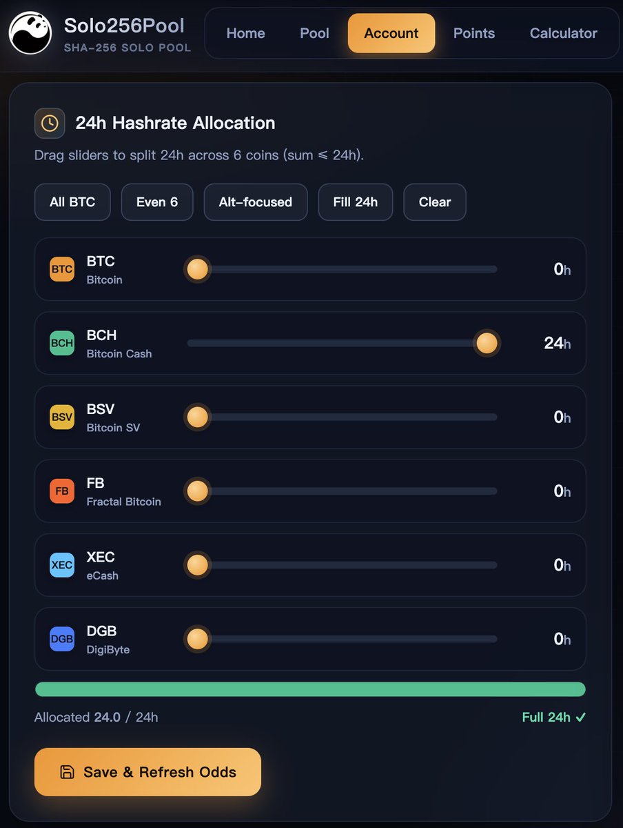 Solo256Pool's tweet photo. You can freely allocate your miner’s 24-hour runtime ⛏️

It can point entirely to $BTC or $BCH, or split across 6 SHA-256 chains (e.g. 4 hours each) ⚙️

No more switching pool addresses. No complex setup.

Just slide the time allocation. 🔁

#Bitcoin #Mining #SoloMining #Bitaxe https://t.co/VqE03PcT5V