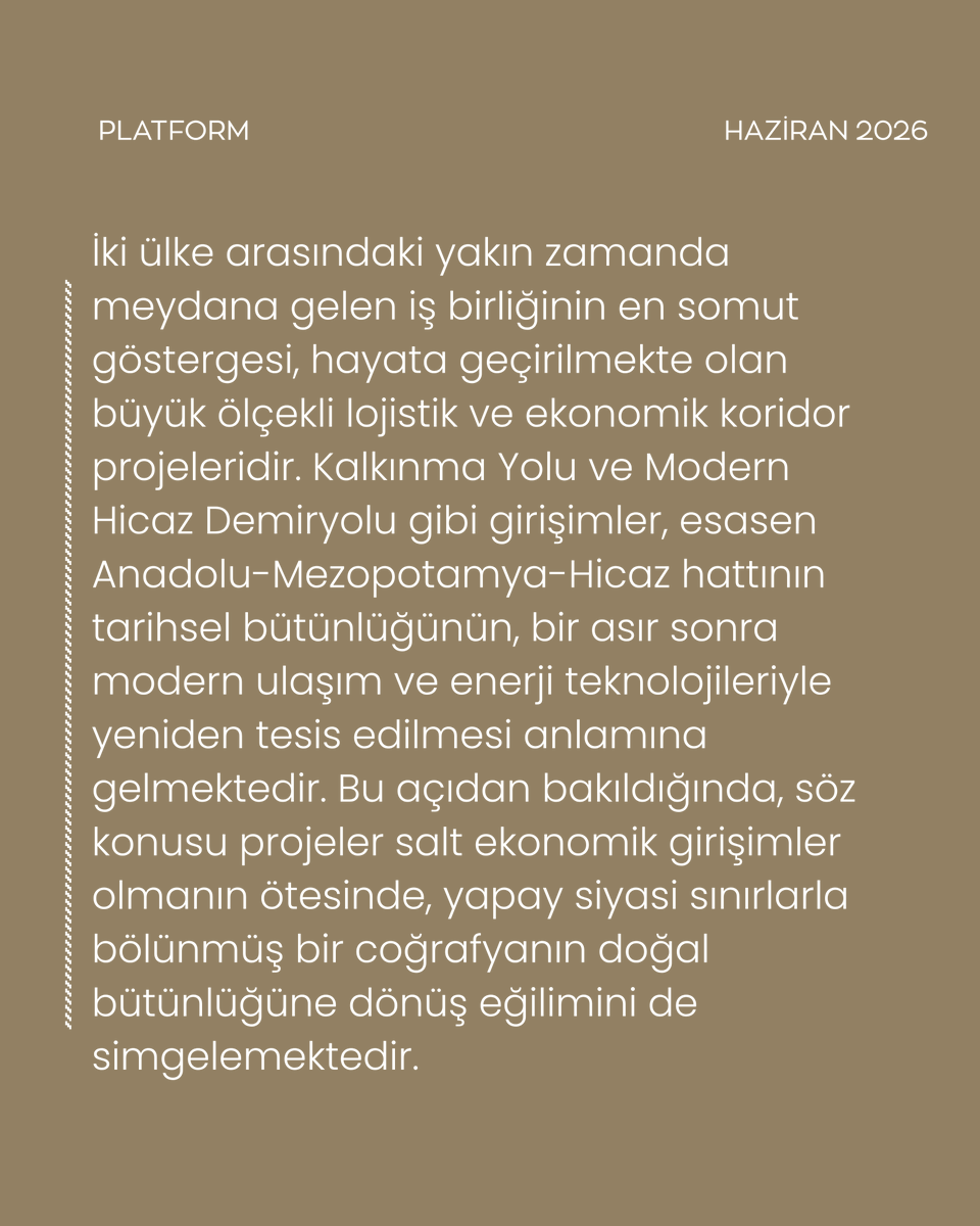 platform_ilke's tweet photo. • Türkiye-Suudi Arabistan ilişkileri, son dönemde diplomatik normalleşmenin ötesine geçerek stratejik ve kurumsal bir ortaklığa doğru evrilmektedir.
• Ortak tarihsel hafıza ve gelecek vizyonu temelinde şekillenen bu süreç, çok boyutlu iş birliğine yeni bir perspektif kazandırmaktadır.

Dr. Fatih Muhammed Çakmak (@fthcakmak) Platform için yazdı.
https://t.co/53fOyPvL9w