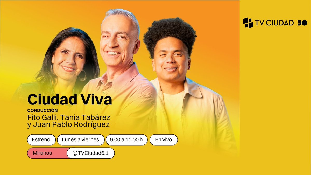 TVCIUDADuy's tweet photo. ¡Martes!
Hoy en #TVCiudad
📰 8:30, 13 y 18:55h #InfoCapital • En vivo
🧉 9h #CiudadViva • En vivo
🤸♀️ 11h #EnMovimiento
📲 14h #Conexiones • Repetición
🎲 17h #PaseoAnimado
🗣️ 18h #Testigos • Mariano Arana - año 1999
🔎 20h #LadoB • En vivo
🧪 21h #SobreCiencia • Estreno
🎭 23h #MiráMontevideo • Estreno
Seguí @TVCIUDADuy
#TVCiudad30años