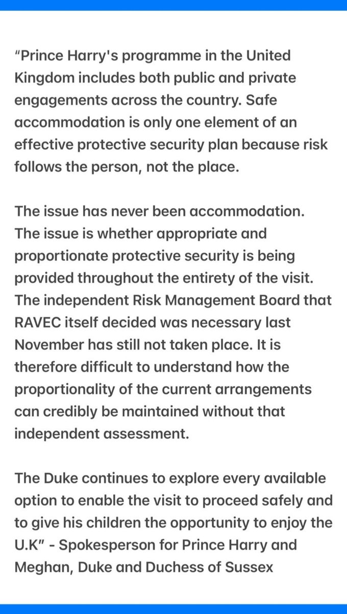 DaimondSussex29's tweet photo. 😀There we have it. Sounds to me like the Sussexes have their accommodation quietly arranged. P. Harry's said: "risk follows the PERSON, not the PALACE." P.H is not accusing🇬🇧of anything. We see u #RAVEC 👀 https://t.co/z1aH9SWVId