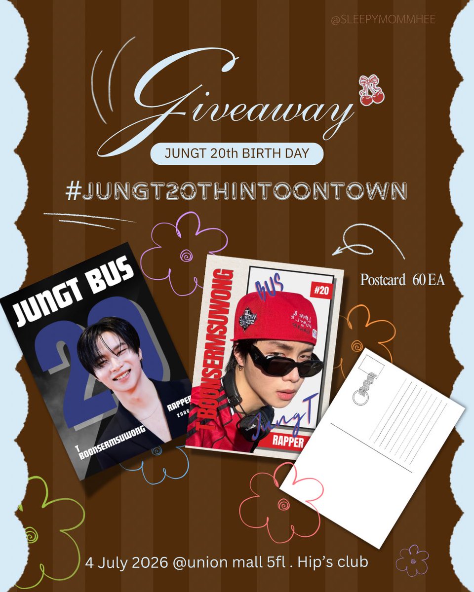 sleepymommhee's tweet photo. 🤘🏻 pls kindly rt 🤘🏻

giveaway #JUNGT Birthday   #JUNGT20thInToonTown 

Postcard  60 ea

@ Union mall 5fl , Hip’s club
🗓️ : 4 july 2026   ⏰: TBA https://t.co/twF4qFwp2C