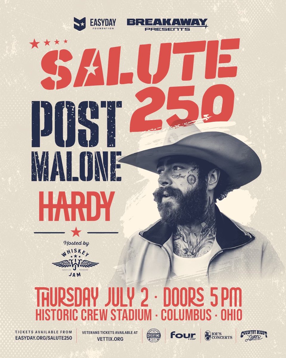 CrewStadium's tweet photo. It's Salute 250 Week 🤠🎉

Don't miss out on @PostMalone &amp; @HardyMusic at Historic Crew Stadium July 2 to kick off the 4th of July weekend.

🎟️: https://t.co/bRljzu05qS https://t.co/tW77pbEE0w