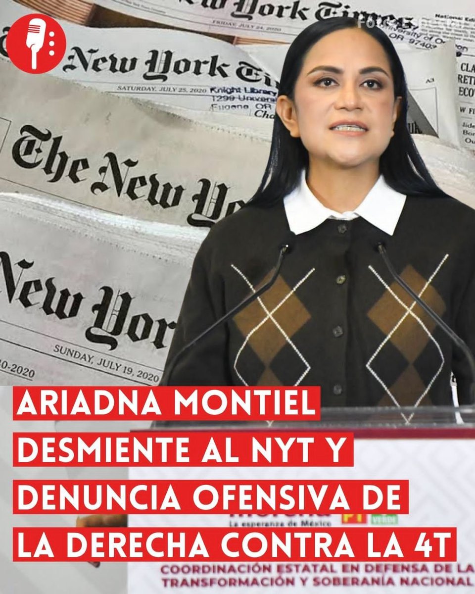 ReporterosMX_'s tweet photo. ⭕ OJO | ARIADNA MONTIEL DESMIENTE AL NYT Y DENUNCIA OFENSIVA DE LA ULTRADERECHA CONTRA LA 4T

La dirigente nacional de Morena, Ariadna Montiel (@A_MontielR), rechazó el reportaje publicado por el diario estadounidense The New York Times, en el que se afirma que funcionarios y políticos morenistas estarían colaborando con autoridades de Estados Unidos para proporcionar información sobre presuntos vínculos de integrantes del partido con el narcotráfico. https://t.co/3T4SxsvWY3