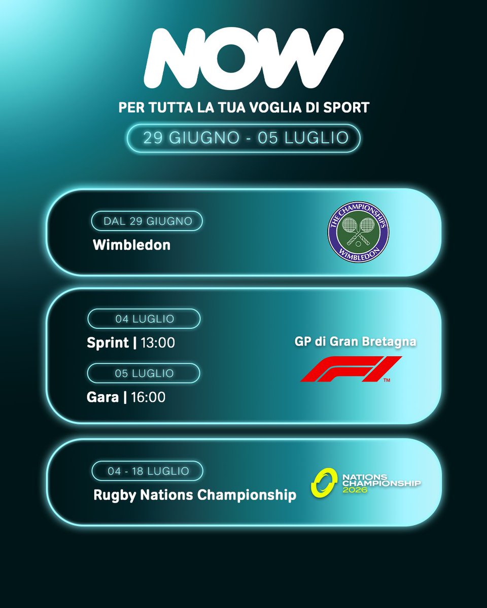 NOWTV_It's tweet photo. L'estate dello sport entra nel vivo tra Wimbledon 🎾 il GP di Gran Bretagna 🏎️ e il Rugby Nations Championship 🏉 su NOW ✨ https://t.co/myEQNUuLe8