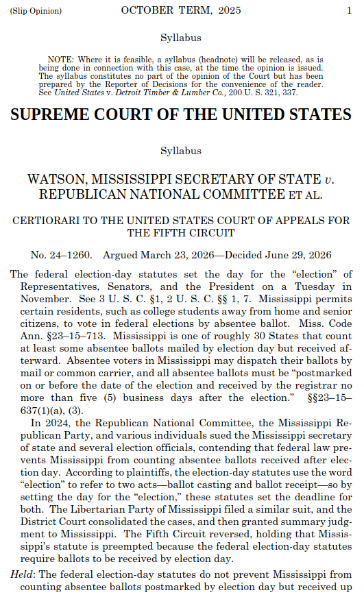sentdefender's tweet photo. In a 5-4 decision, the U.S. Supreme Court has ruled that mail-in ballots postmarked by Election Day may be counted even if they arrive after Election Day, provided state law permits it.

Writing for the majority in Watson, Mississippi Secretary of State v. Republican National Committee (RNC), Justice Amy Coney Barrett concluded that federal law does not require mail-in ballots to be received by Election Day.

Barrett was joined by Chief Justice John Roberts and Justices Elena Kagan, Ketanji Brown Jackson, and Sonia Sotomayor.
